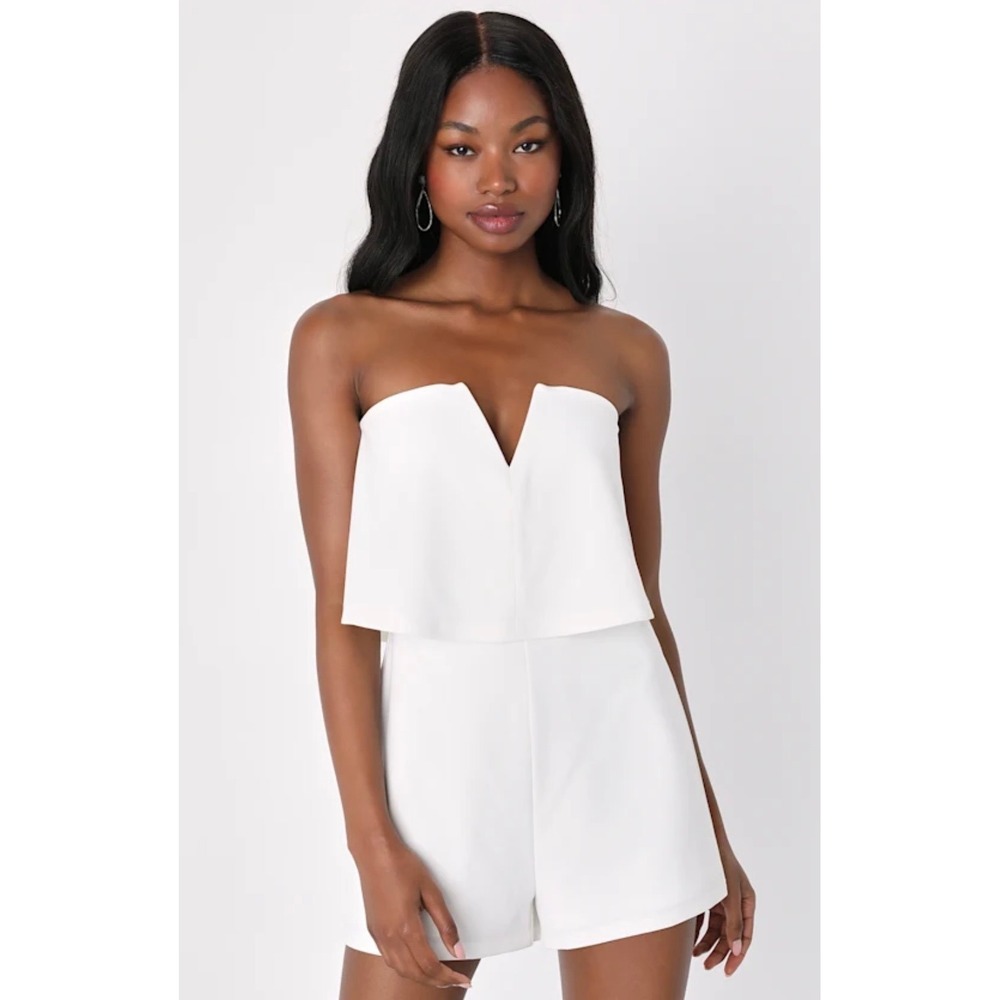 Lulus White Strapless Notched Romper Size Medium Bridal Bachelorette Medium